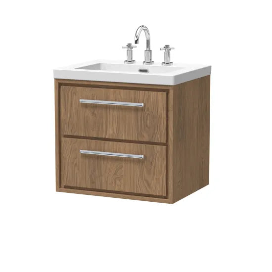 Hudson Reed Lille 600mm Antique Oak 2 Drawer Wall Hung Vanity Unit With 3 Tap Holes Fireclay Basin