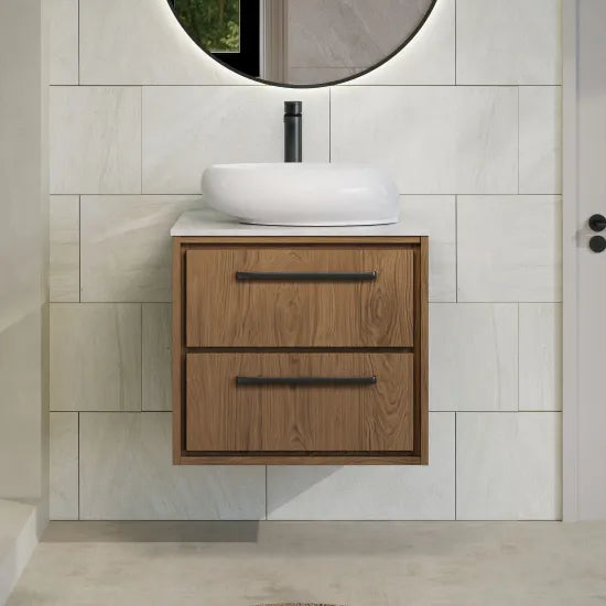 Hudson Reed Lille Antique Oak 2 Drawer Wall Hung Vanity Unit With White Marble Worktop