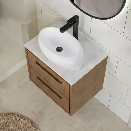 Hudson Reed Lille Antique Oak 2 Drawer Wall Hung Vanity Unit With White Marble Worktop