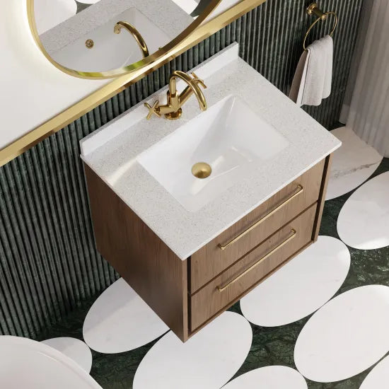 Hudson Reed Lille 600mm Antique Oak 2 Drawer Wall Hung Vanity Unit With Square Basin With Marble Worktop