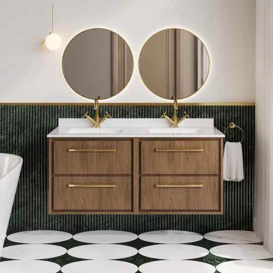 Hudson Reed Lille 1200mm Antique Oak 4 Drawer Wall Hung Vanity With Twin Marble Basin