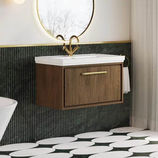 Hudson Reed Lille Antique Oak 1 Drawer Wall Hung Vanity Unit With 1 Tap Hole Fireclay Basin