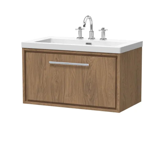 Hudson Reed Lille Antique Oak 1 Drawer Wall Hung Vanity Unit With 3 Tap Holes Fireclay Basin