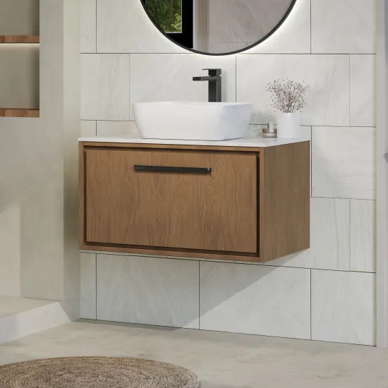 Hudson Reed Lille 600mm Antique Oak 1 Drawer Wall Hung Vanity Unit With White Marble Worktop