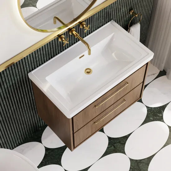 Hudson Reed Lille 800mm Antique Oak 2 Drawer Wall Hung Vanity Unit With Fireclay Basin