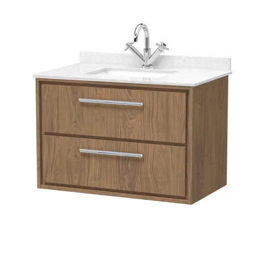 Hudson Reed Lille Antique Oak 2 Drawer Wall Hung Vanity Unit With Square Basin With Marble Worktop