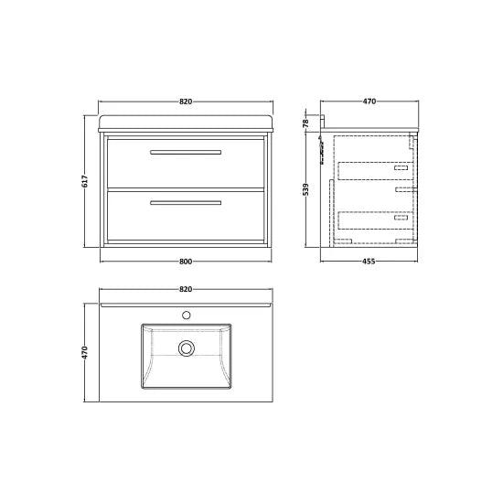 Hudson Reed Lille Antique Oak 2 Drawer Wall Hung Vanity Unit With Square Basin With Marble Worktop