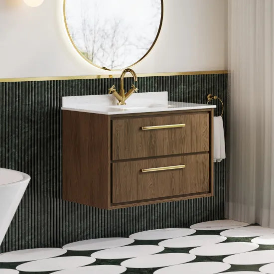 Hudson Reed Lille Antique Oak 2 Drawer Wall Hung Vanity Unit With Square Basin With Marble Worktop