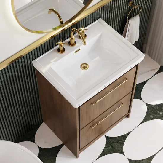 Hudson Reed Lille 600mm Antique Oak 2 Drawer Floor Standing Vanity Unit With 3 Tap Holes Fireclay Basin