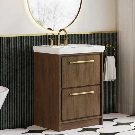 Hudson Reed Lille 600mm Antique Oak 2 Drawer Floor Standing Vanity Unit With 3 Tap Holes Fireclay Basin