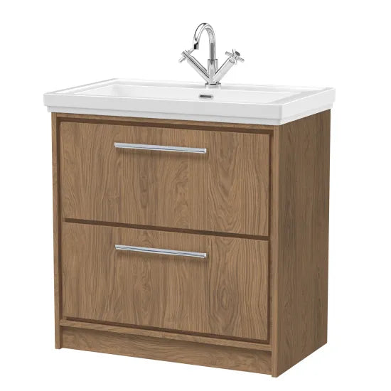 Hudson Reed Lille Antique Oak 2 Drawer Floor Standing Vanity Unit With 1 Tap Hole Fireclay Basin