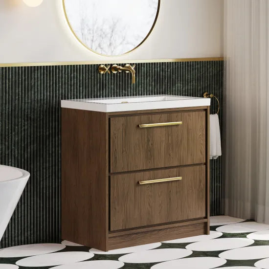 Hudson Reed Lille 800mm Antique Oak 2 Drawer Floor Standing Vanity Unit With Fireclay Basin