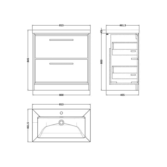 Hudson Reed Lille 800mm Antique Oak 2 Drawer Floor Standing Vanity Unit With 1 Tap Hole Fireclay Basin