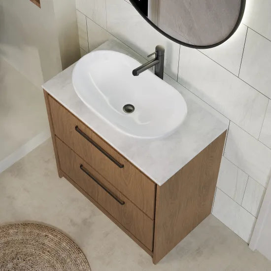 Hudson Reed Lille Antique Oak 2 Drawer Floor Standing Vanity Unit With White Marble Worktop