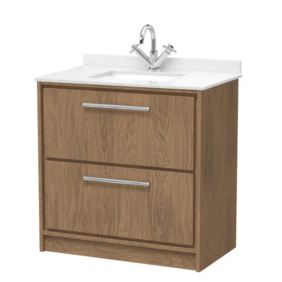 Hudson Reed Lille Antique Oak 2 Drawer Floor Standing Vanity Unit With Square Basin With Marble Worktop