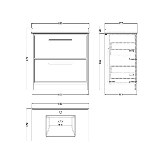 Hudson Reed Lille Antique Oak 2 Drawer Floor Standing Vanity Unit With Square Basin With Marble Worktop