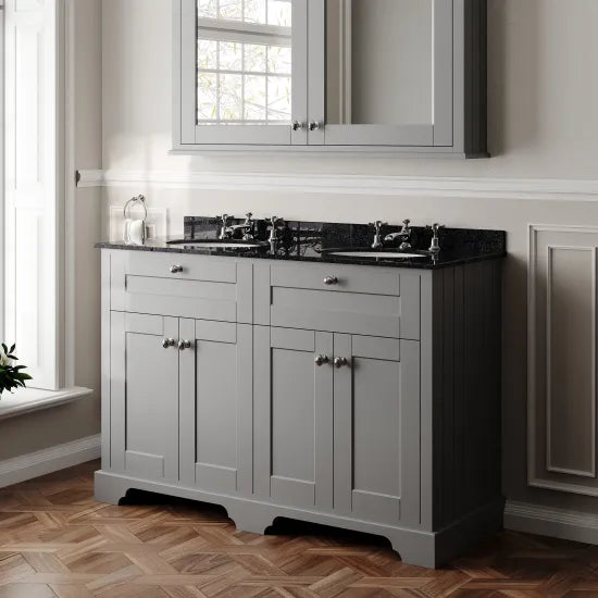 Old London 1200mm 4 Door Floor Standing Cabinet With 6 Tap Holes Twin Black Marble Basin