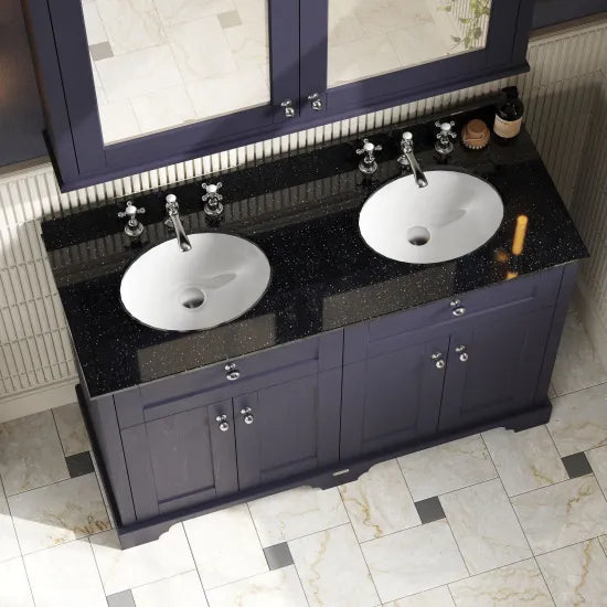 Old London 1200mm 4 Door Floor Standing Cabinet With 6 Tap Holes Twin Black Marble Basin