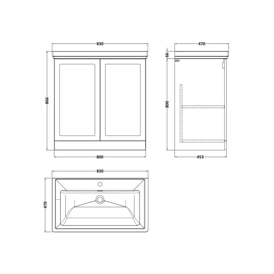nuie lux Larck 800mm Autumn Oak 2 Door Floor Standing Vanity Unit With 1 Tap Hole Fireclay Basin With Ceramic Basin