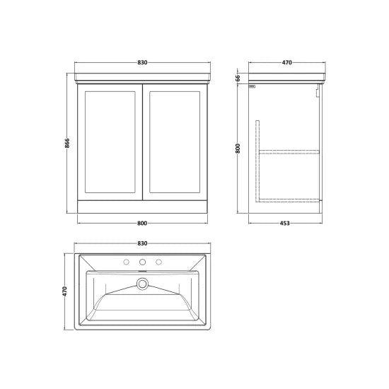 nuie lux Larck 800mm Autumn Oak 2 Door Floor Standing Vanity Unit With 3 Tap Holes Fireclay Basin