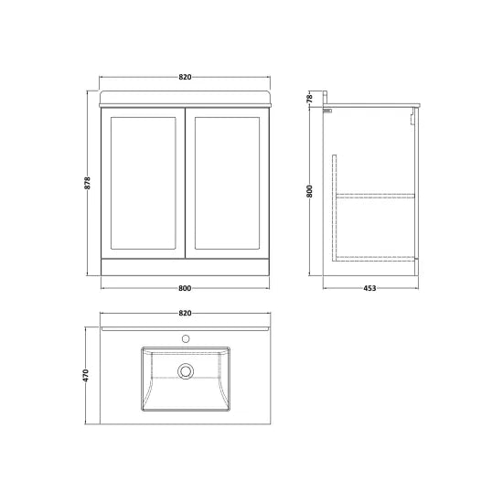 nuie lux Larck 800mm Autumn Oak 2 Door Floor Standing Vanity Unit With 1 Tap Hole Marble Worktop