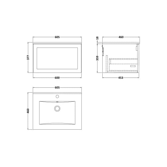 nuie lux Larck 600mm Autumn Oak 1 Drawer Wall Hung Vanity Unit With 1 Tap Hole Square Basin With Worktop