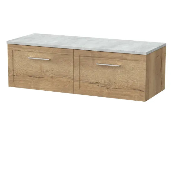 nuie lux Larck 1200mm Autumn Oak 2 Drawer Wall Hung Vanity Unit With Bellato Grey Worktop