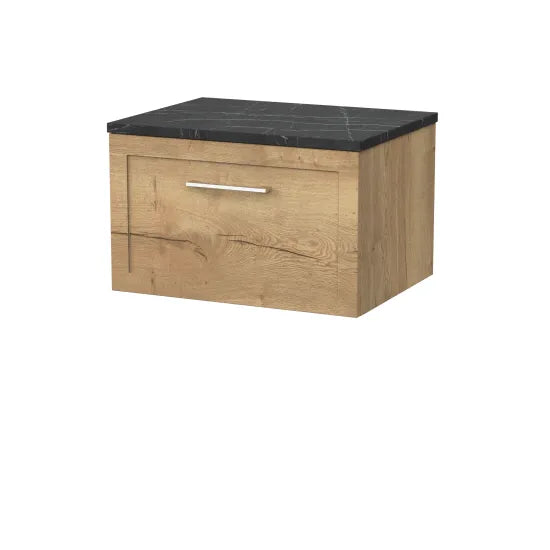 nuie lux Larck Autumn Oak 1 Drawer Wall Hung Vanity Unit With Black Pietra Marble Laminate Worktop