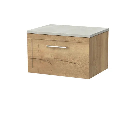 nuie lux Larck 600mm Autumn Oak 1 Drawer Wall Hung Vanity Unit With Cracked Marble Plaster Laminate Worktop