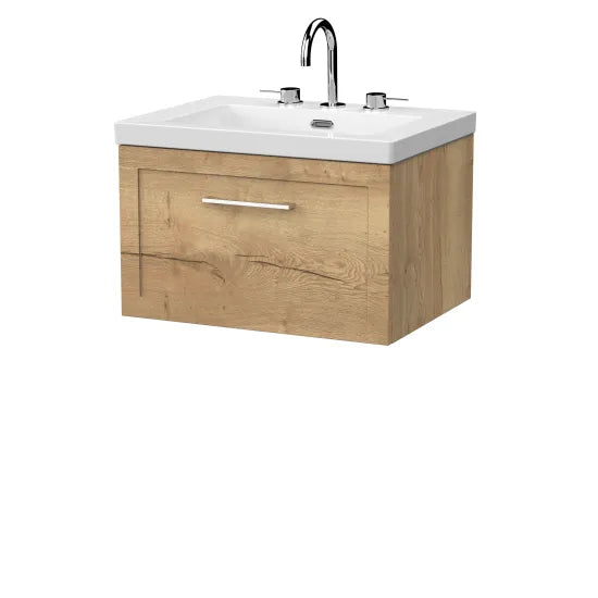 nuie lux Larck 600mm Autumn Oak 1 Drawer Wall Hung Vanity Unit With 3 Tap Holes Fireclay Square Basin