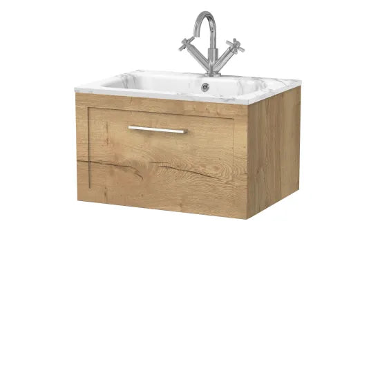 nuie lux Larck Autumn Oak Wall Hung 1-Drawer Unit & Stone Basin 1TH
