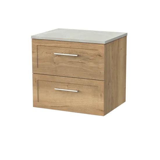 nuie lux Larck 600mm Autumn Oak 2 Drawer Wall Hung Vanity Unit With Cracked Marble Plaster Laminate Worktop