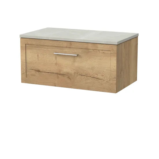 nuie lux Larck Autumn Oak 1 Drawer Wall Hung Vanity Unit With Cracked Marble Plaster Laminate Worktop
