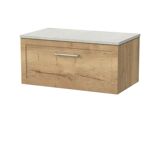 nuie lux Larck Autumn Oak 1 Drawer Wall Hung Vanity Unit With Slate Grey Worktop