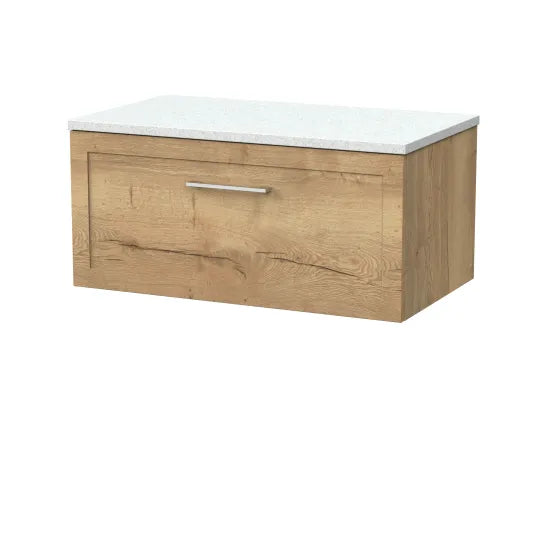 nuie lux Larck 800mm Autumn Oak 1 Drawer Wall Hung Vanity Unit With White Matt Nebula Worktop