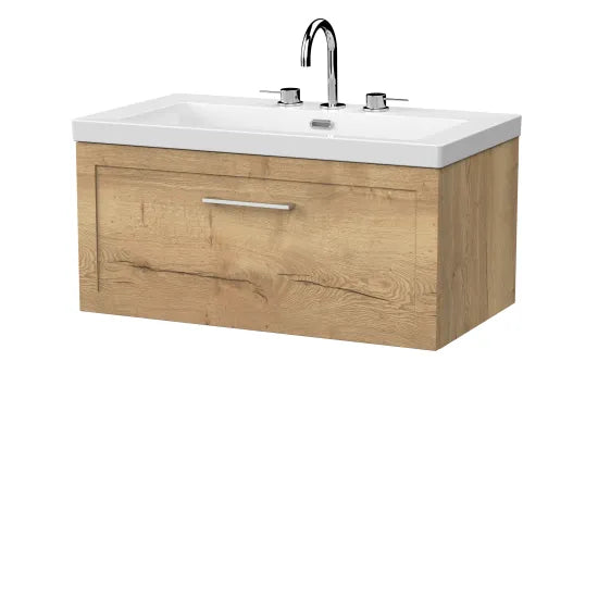 nuie lux Larck 800mm Autumn Oak 1 Drawer Wall Hung Vanity Unit With 3 Tap Holes Fireclay Basin