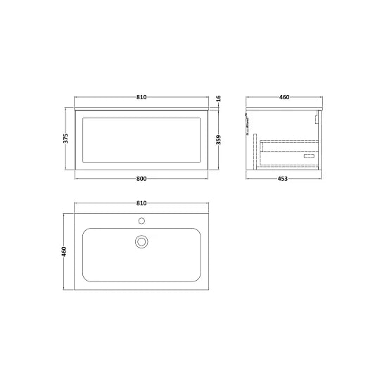 nuie lux Larck Autumn Oak 800mm Wall Hung 1-Drawer Unit & Stone Basin 1TH