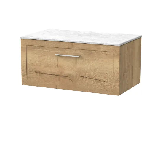 nuie lux Larck 800mm Autumn Oak 1 Drawer Wall Hung Vanity Unit With White Marble Worktop