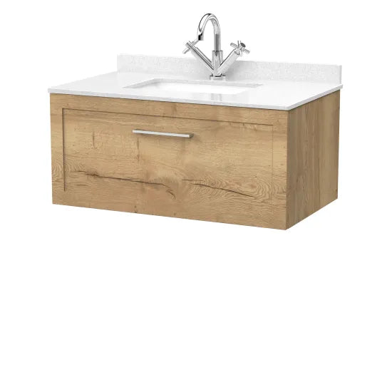 nuie lux Larck Autumn Oak 1 Drawer Wall Hung Vanity Unit With 1 Tap Hole Marble Worktop