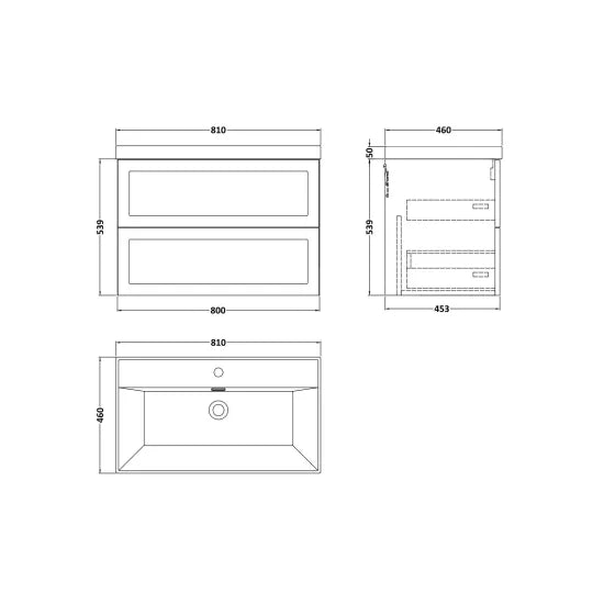 nuie lux Larck 800mm Autumn Oak 2 Drawer Wall Hung Vanity Unit With 1 Tap Hole Basin