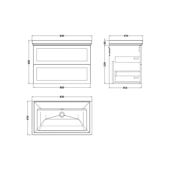 nuie lux Larck 800mm Autumn Oak 2 Drawer Wall Hung Vanity Unit With Fireclay Basin