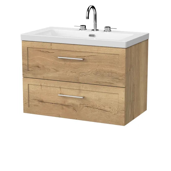nuie lux Larck 800mm Autumn Oak 2 Drawer Wall Hung Vanity Unit With 3 Tap Holes Fireclay Basin