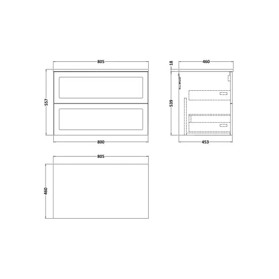nuie lux Larck 800mm Autumn Oak 2 Drawer Wall Hung Vanity Unit With Co-ordinating Worktop