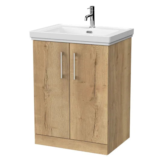 nuie lux Kivo 600mm Autumn Oak 2 Door Floor Standing Vanity Unit With 1 Tap Hole Fireclay Basin