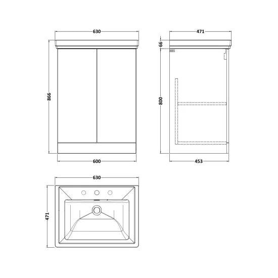 nuie lux Kivo 600mm Autumn Oak 2 Door Floor Standing Vanity Unit With 3 Tap Holes Fireclay Basin