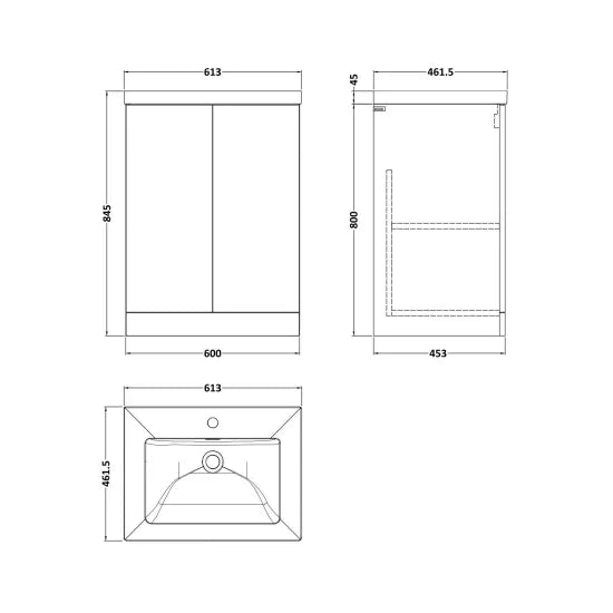 nuie lux Kivo 600mm Autumn Oak 2 Door Floor Standing Vanity Unit With 1 Tap Hole Fireclay Square Basin