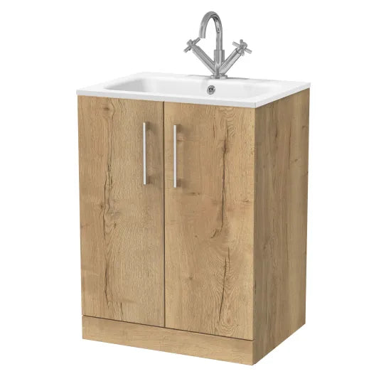 nuie lux Kivo Autumn Oak Floor Standing 2-Door Unit & Stone Basin 1TH
