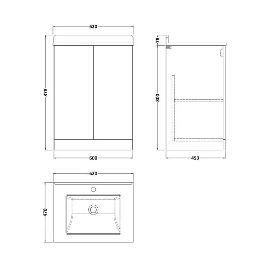 nuie lux Kivo 600mm Autumn Oak 2 Door Floor Standing Vanity Unit With 1 Tap Hole Marble Worktop