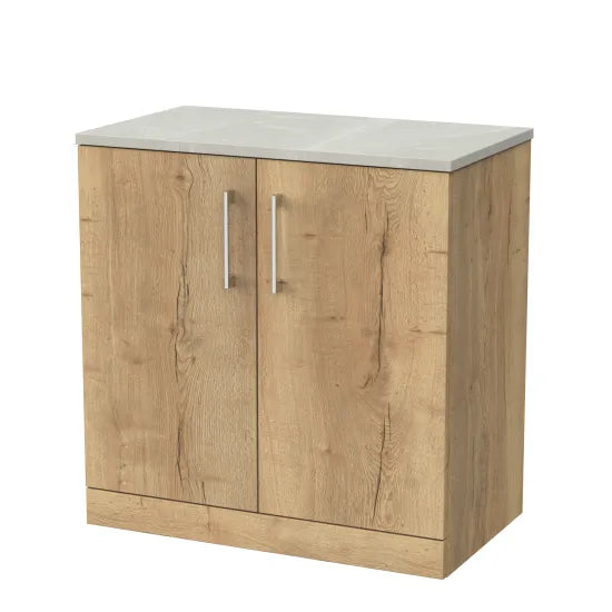 nuie lux Kivo 800mm Autumn Oak 2 Door Floor Standing Vanity Unit With Cracked Marble Plaster Laminate Worktop