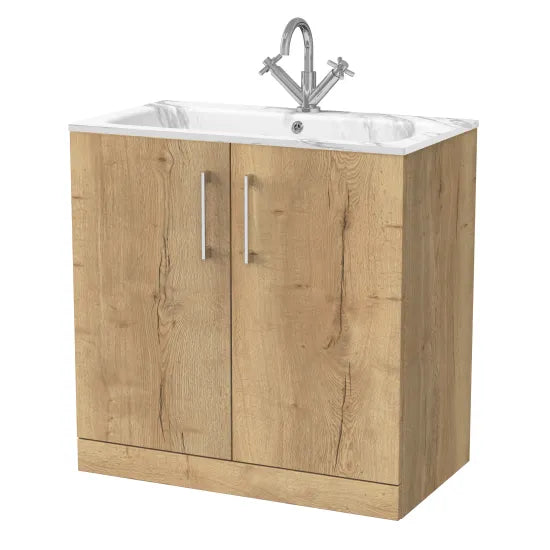 nuie lux Kivo Autumn Oak Floor Standing 2-Door Unit & Stone Basin 1TH